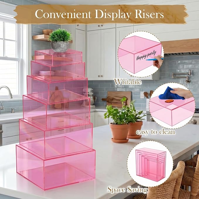 Geelin 6 Pack Acrylic Risers for Display Acrylic Cube Boxes Risers Display Stands with Hollow Bottoms Decorative Stand for Jewelry Candy Table Decor 6 Sizes (Clear Pink,7 to 12 Inch,Square)