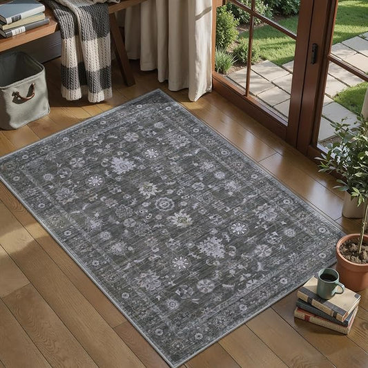 Tangsoo 2x3 Grey Rug Small Throw Rugs for Entryway Washable Gray Entry Rug Non Slip, Vintage Floral Indoor Rugs Distressed Small Carpet Soft Low Pile Boho Door Mat for Entrance Bedroom Kitchen Foyer