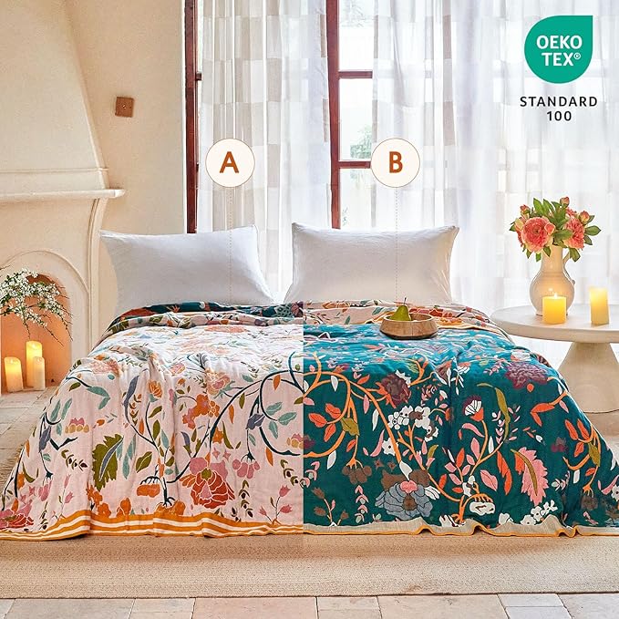 Boho Throw Blanket - 60"x80" 100% Cotton Ultra Soft Lightweight Blanket, 4-Layer Breathable Muslin Spring Blankets for Bed Couch, Reversible Green Floral Printed Bohemian Cotton Quilt