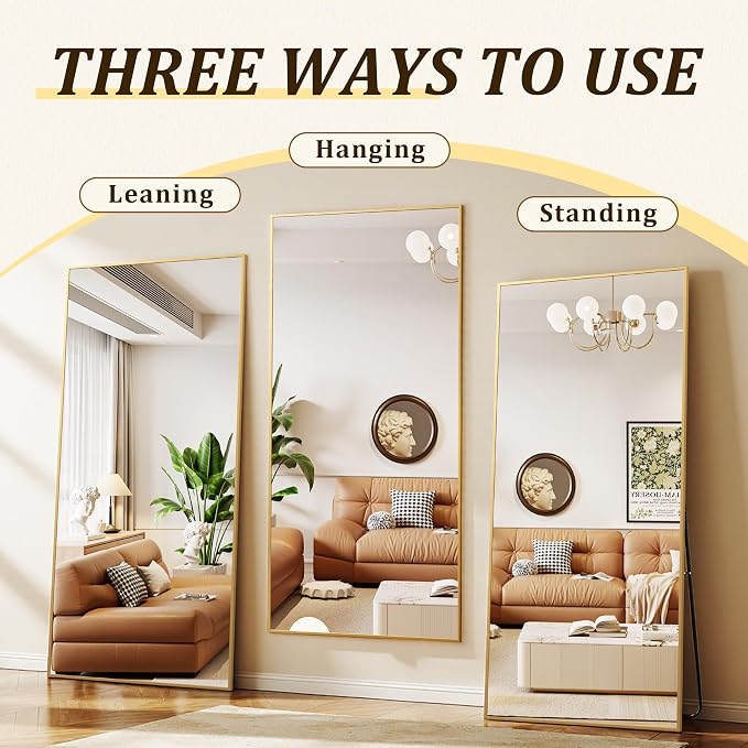 BEAUTYPEAK 80"x40" Rectangle Full Body Floor Mirrors, Full Length Mirror Hanging or Leaning, Aluminum Alloy Frame Wall Mirror for Bedroom, Dressing Room, Gold