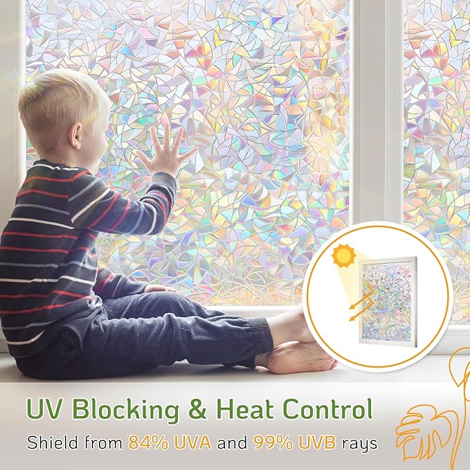 LUTE Window Privacy Film, Rainbow Window Film, 3D Decorative Stained Glass Cling, Non-Adhesive Vinyl Static Cling Removable Glass Stickers, Sun UV Blocking Decal Covering for Home, 17.5 x 118.1 inches