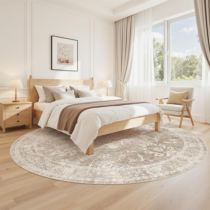Madane Washable Round Rug 9ft for Living Room, Soft Ultra-Thin Non-Slip Vintage Floral Circle Area Rug, 9x9 Round Throw Carpet for Dining Room Nursery Bedroom Kitchen (Brown/Sand, 9'Round)