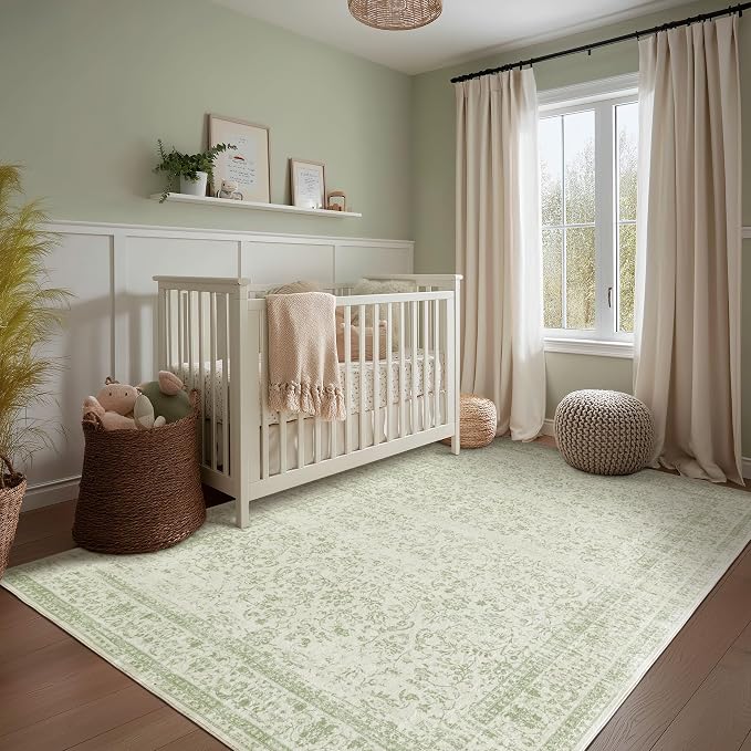 Sage Green Area Rug for Bedroom Neutral Boho Farmhouse Floral Distressed Design 5x8 Rug with Washable No Slip Soft 5 by 8 Area Rugs for Living Room Home Office Dining Room Carpet for Under Table