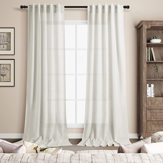 38 inches Wide Back Tab Linen Curtains 96 inches Long 2 Panels Set for Living Room Sliding Glass Door Ivory Cream Sheer Curtains Neutral Rustic Farmhouse Linen Drapes Floor to Ceiling Length