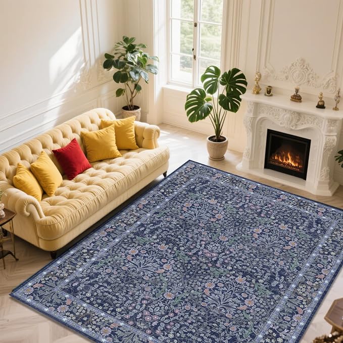 9x12 Washable Area Rugs for Living Room, Stain Resistant Vintage Rugs for Dining Room Under Kitchen Table, Bedroom, Floral Low Pile Non-Slip Large Carpet (9 x 12 Blue)