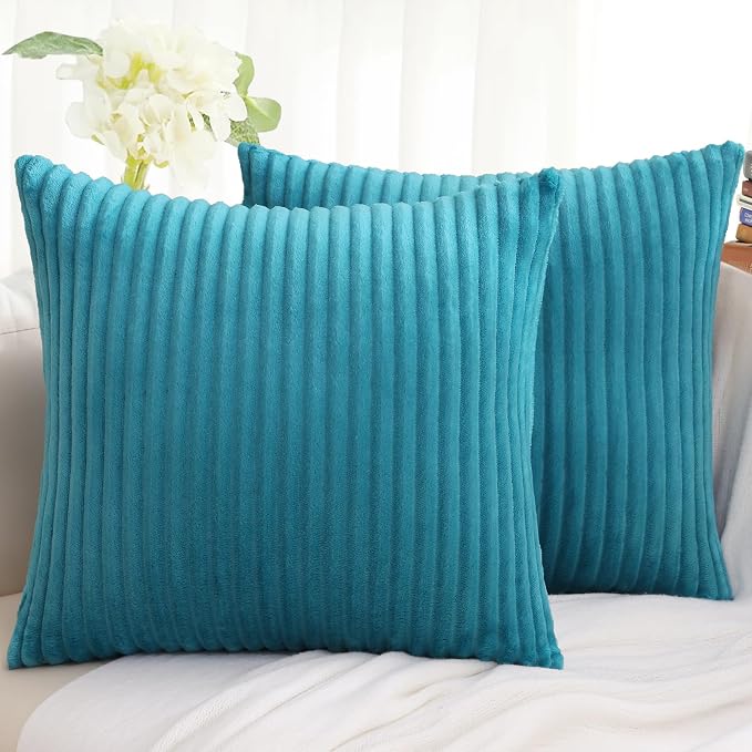 Simmore Decorative Fall Throw Pillow Covers 24x24 Set of 2, Soft Natural Plush Flannel Double-Sided Fluffy Couch Euro Sham Pillow Covers for Sofa Living Room, Teal