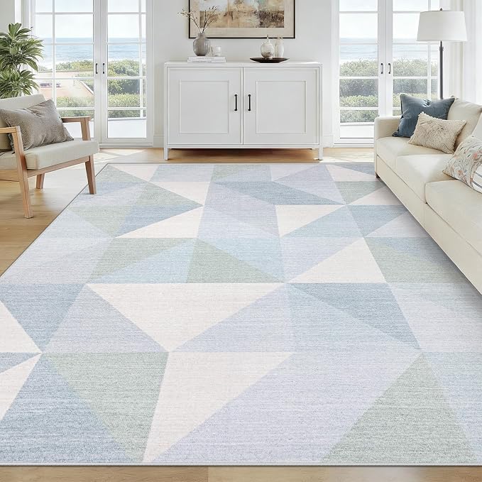 Washable Rug 5x7 Area Rugs: Modern Geometric Area Rug for Living Room Non-Slip Neutral Soft Carpet Low Pile Stain Resistant Indoor Rugs for Bedroom Nursery Dining Room Office (Light Blue, 5'X7')