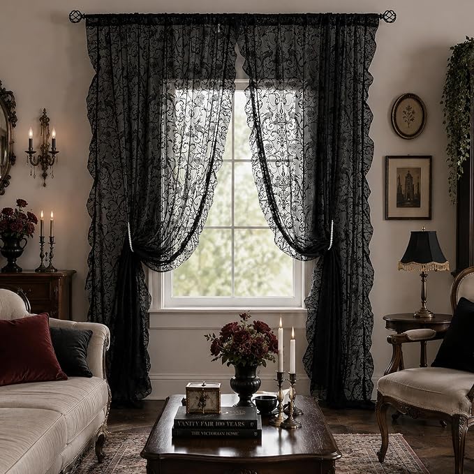 TUDECO Black Floral Curtains 2 Panels - Farmhouse Lace Curtains 108 Inches Long for Living Room Luxury Black Sheer Rod Pocket Gothic Ruffle Privacy Moody Decor, 59 x 108 Inch