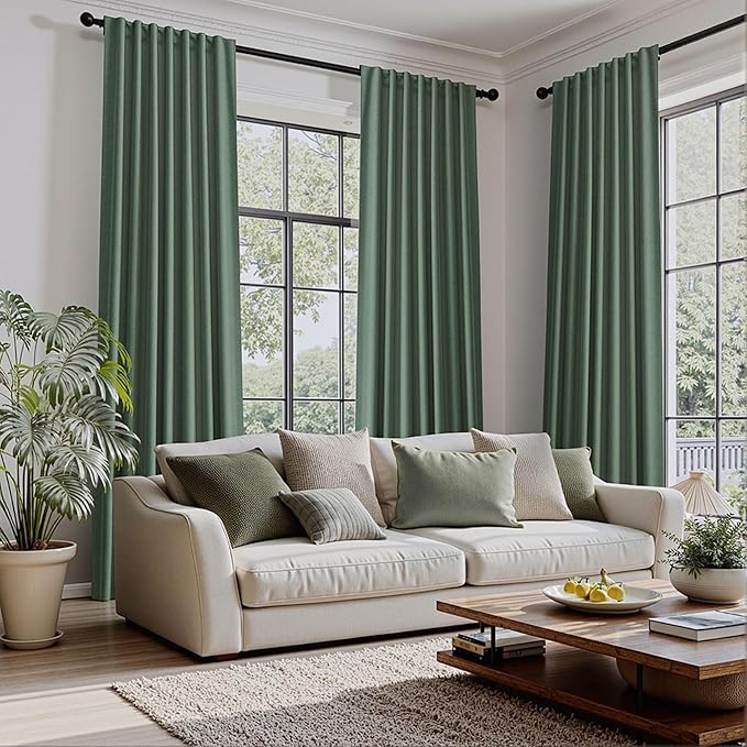 UHITECH Linen Curtains for Bedroom 2 Panels Set 45 Inch Curtains Blackout Short Cafe for Small Windows Thermal Olive Green Drapes Back Tab Living Room Darkening Drapes Black Out