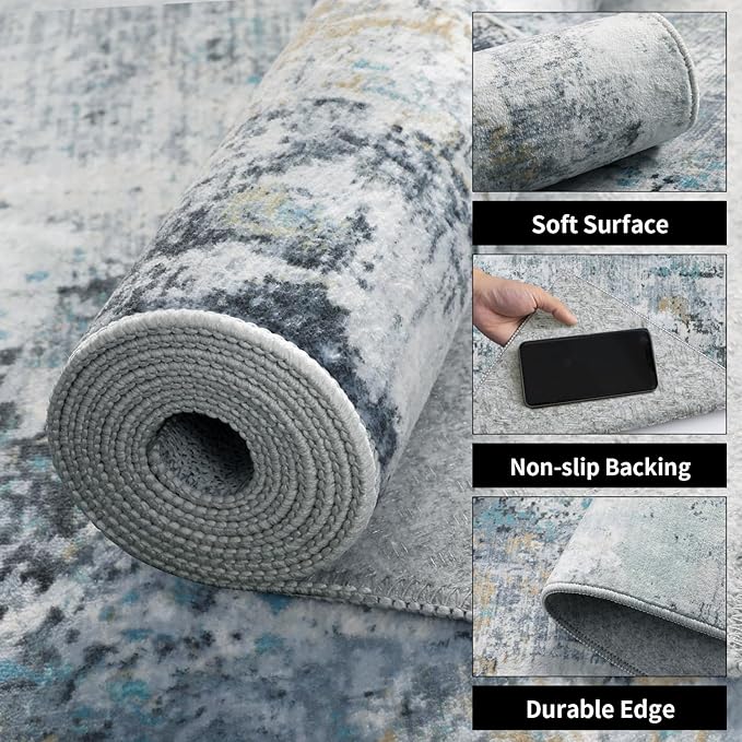Ciicool Modern Abstract Teal Gold Rug for Living Room, 6'x9' Machine Washable Soft Area Rug Non-Slip Rug, Low-Pile Contemporary Indoor Dining Floor Carpet for Bedroom Office Under Table Home Decor
