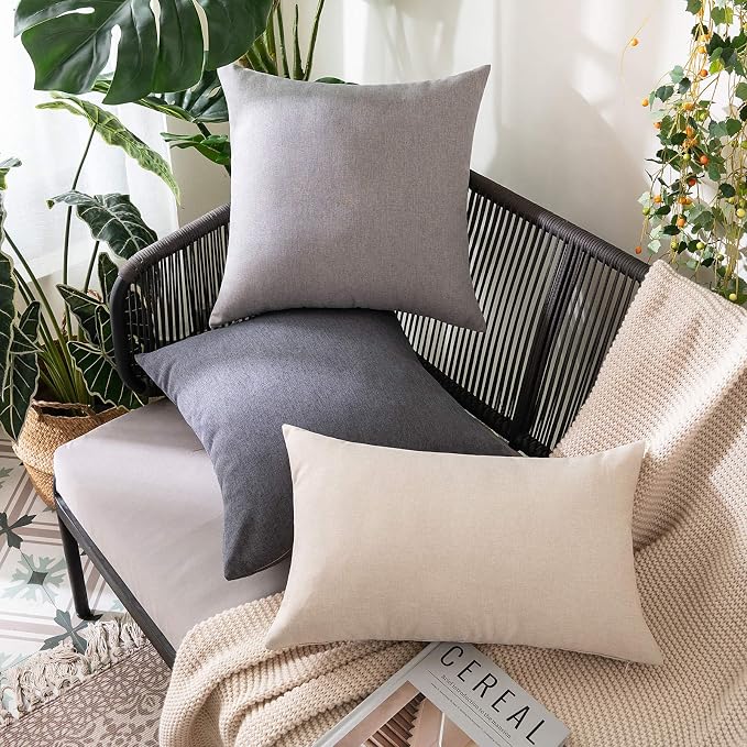 MIULEE Pack of 2 Decorative Outdoor Solid Waterproof Throw Pillow Covers Faux Linen Garden Farmhouse Cushion Cases for Patio Tent Balcony Couch Sofa 18x18 Inch Dark Grey