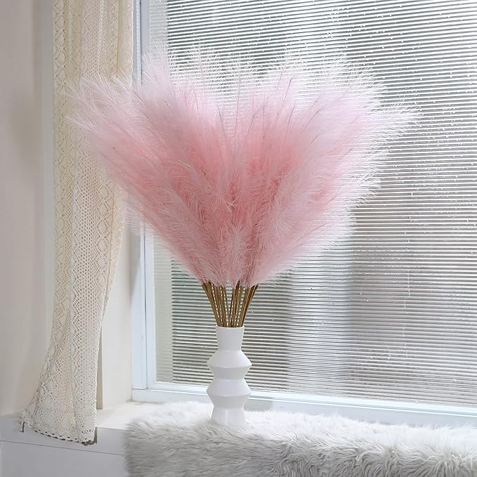 8 Pcs 45 inch Tall Faux Pampas Grass Decor, Large Artificial Pink Pompous Grass Bulk, Long Fake Pompas for Floor Vase Filler, Wedding, Baby Shower, Home and Boho Decor (Pink)