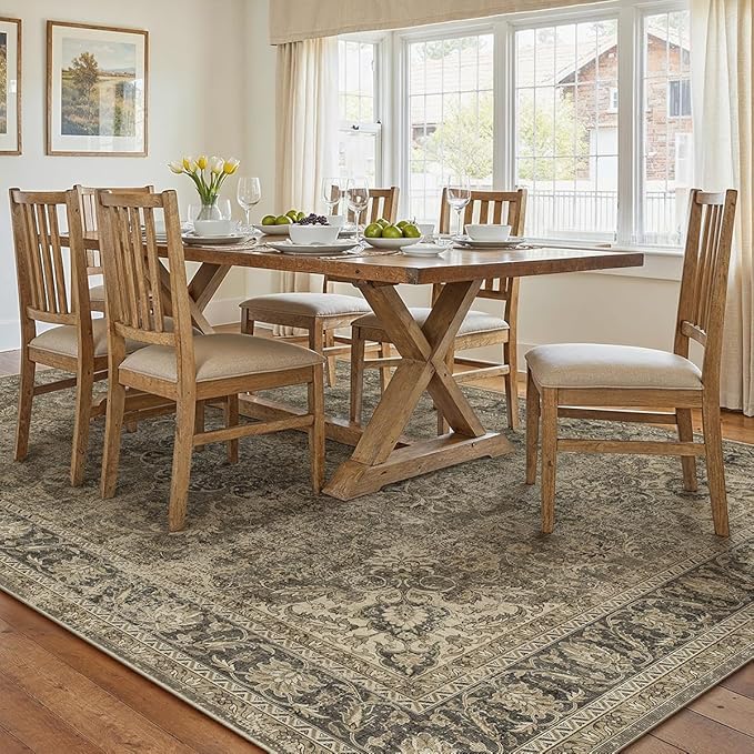 8x10 Washable Area Rug Brown Vintage Non Slip Soft Medium Pile Rug for Living Room Bedroom Dining Room Office Distressed Oriental Indoor Large Throw Carpet for Home Decor