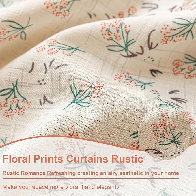 OYX Boho Floral Curtains 63 Inch Length 2 Panels for Living Room, Bedroom Light Filtering Drapes, Farmhouse Vintage Country French Rustic Tassels Pattern Rod Pocket Aesthetic Decor Window Treatments