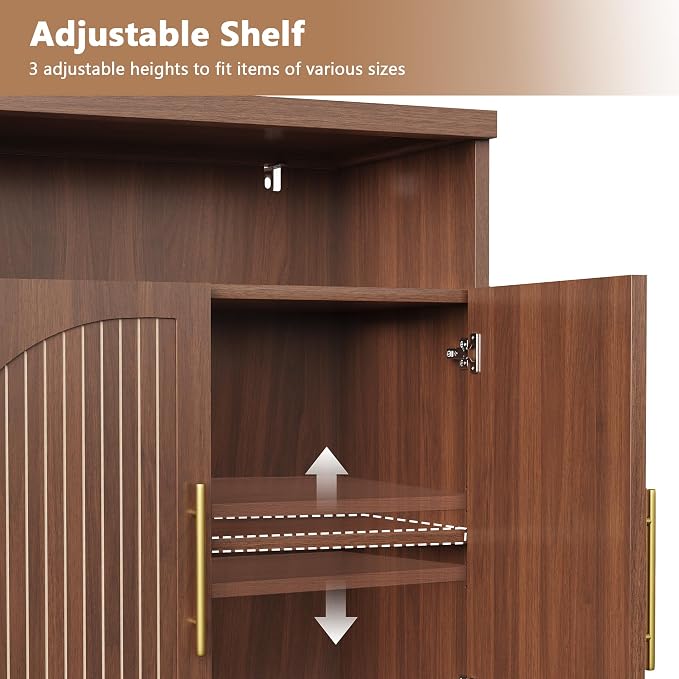 Fluted Buffet Cabinet with Storage, 31.5" Wide Wood Sideboard Credenza with Open Storage Shelf & Adjustable Shelves, Modern Kitchen Entryway Accent Table for Dining Room Living Room Hallway, Walnut