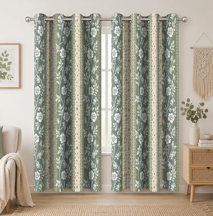 Boho Floral Striped Blackout Curtain, Vintage Botanical Wildflower Aesthetic Window Curtains Living Room Bedroom Decor Darkening Window Drapes Treatments, 2 Panels 52x84 Inch
