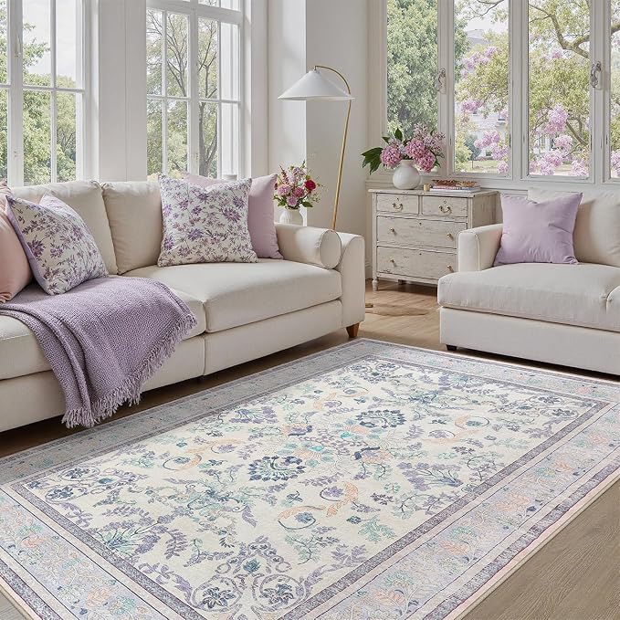 DCX Area Rug 4x6 Botanical Floral Washable Rugs in Purple and Beige Soft Non Slip Low Pile Stain Resistant Carpet for High-Traffic Areas Bedroom Kitchen Entryway