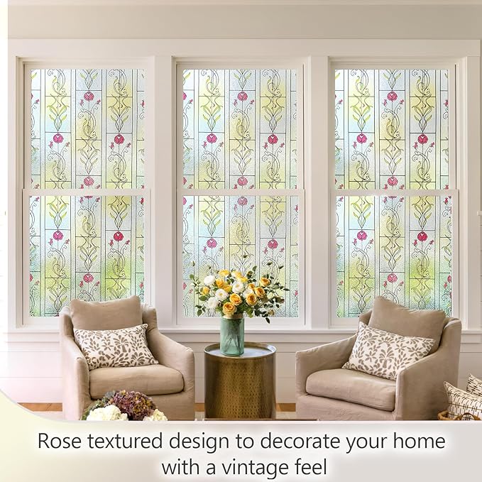 KESPEN WINDOW FILMS Window Privacy Film Stained Glass Frosted Glass Films Decorative Window Film with Rose Flower Static Cling Non-Adhesive Stickers Heat Control for Home, 47.2 Inch X 6.5 Feet