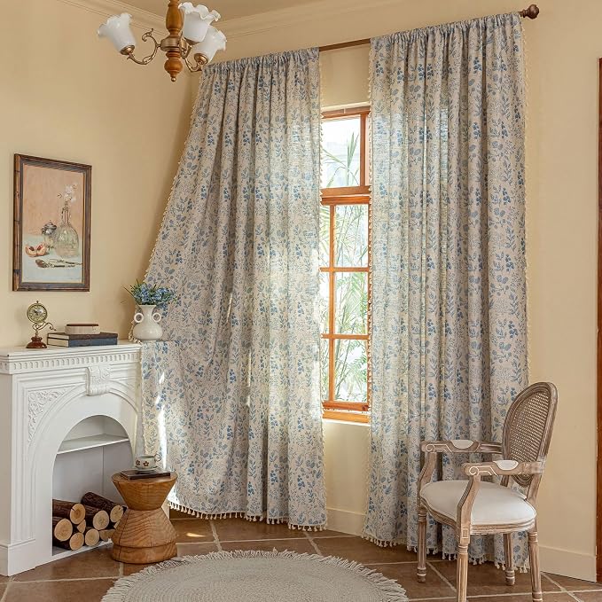 OYX Boho Floral Curtains 84 Inch Length 2 Panels, Linen Farmhouse Curtains Light Filtering Drapes with Tassels for Bedroom Living Room, Vintage Rustic Printed Rod Pocket