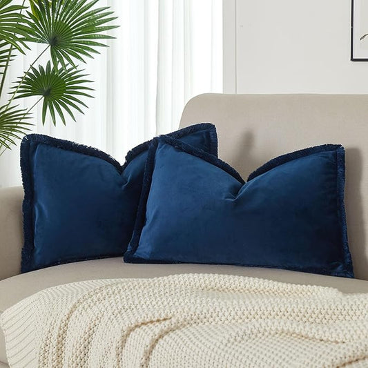 JUSPURBET Pack of 2 Navy Decorative Fringe Velvet Lumbar Throw Pillow Covers 12x20 for Home Decor Living Room Bedroom Car Boho Soft Cushion Cover with Hidden Zipper Machine Washable