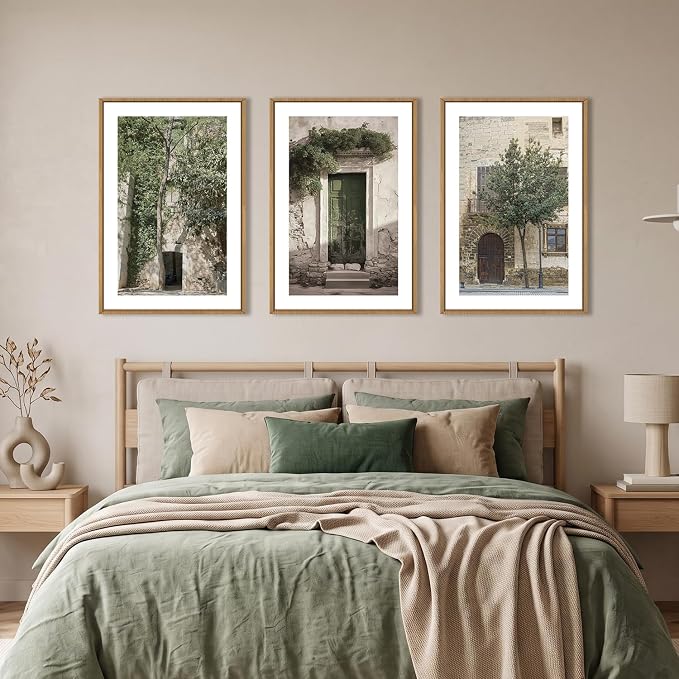 HOURIA Vintage Italy City Landscape Framed Canvas Wall Art Set,Sage Green Olive Tree Old House Wall Decor,Modern Mediterranean Country Cityscape Artwork for Living Room,Bedroom,Farmhouse-16 x24 x3