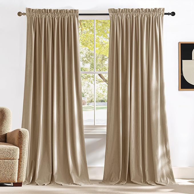 NICETOWN Beige Velvet Curtains 102 inches Long 52 inch Wide 2 Panels, Luxury Thick Window Treatments for Bedroom & Living Room & Playroom - Thermal Insulated Room Darkening Energy Saving Cat Proof