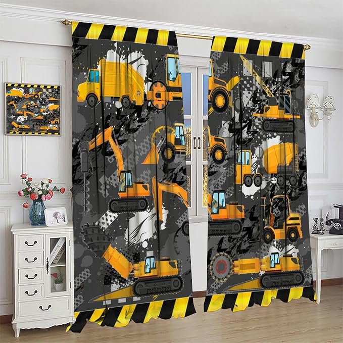 Cartoon Car Blackout Curtain,Boy Kids Construction Yellow Tractor Excavator Window Curtains Cloth Farbic Kitchen Bedroom Cafe Dining Room Office Living Room Drapes, 63x63 in