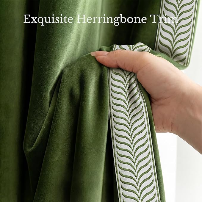 NICETOWN Rod Pocket Embroidered Trim Velvet Curtains, 2 Panels, Olive Green, 96 Inch Length Adjustable Velvet Curtains, Room Darkening Noise Reduce Drape, Modern Window Panels for Bedroom Living