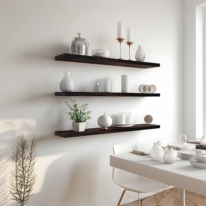 YYWUOJJ Wood Floating Shelves for Wall Decor, Rustic Wall Shelves for Bedroom Bathroom Kitchen Living Room, Set of 4 Walnut 36 Inch