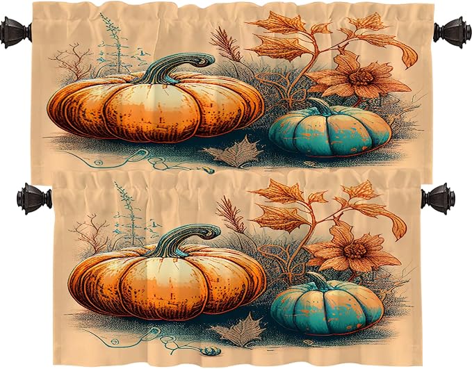 Shrahala Autumn Pumpkin Harvest Kitchen Valances, Art Hand Painting Flowers Grass Half Window Curtain Window Treatment Multilayer Polyester Blackout for Living Room Bathroom 2 Pack 52 x 18 in