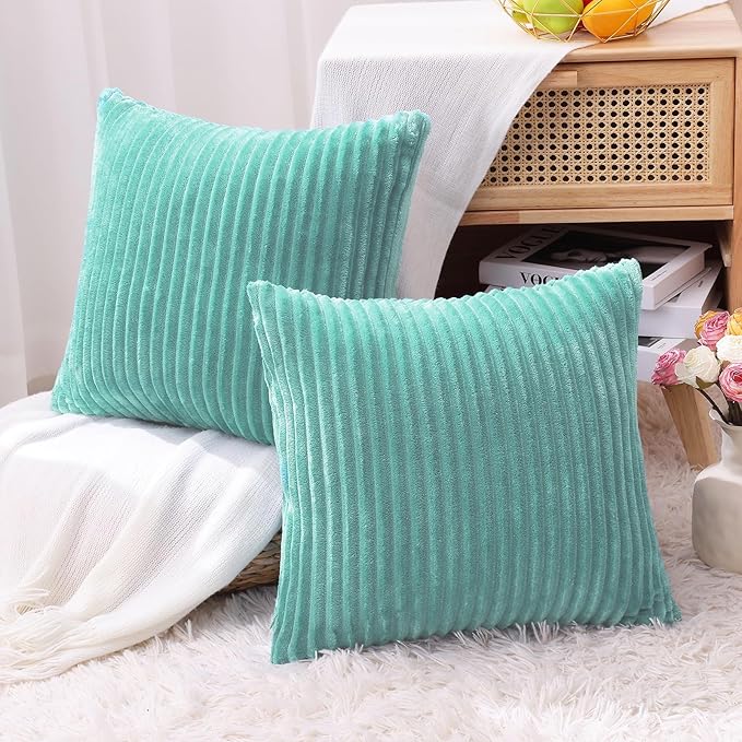 Simmore Decorative Fall Throw Pillow Covers 12x20 Set of 2, Soft Plush Flannel Double-Sided Fluffy Rectangle Pillow Covers for Couch Sofa Living Room, Aqua Haze