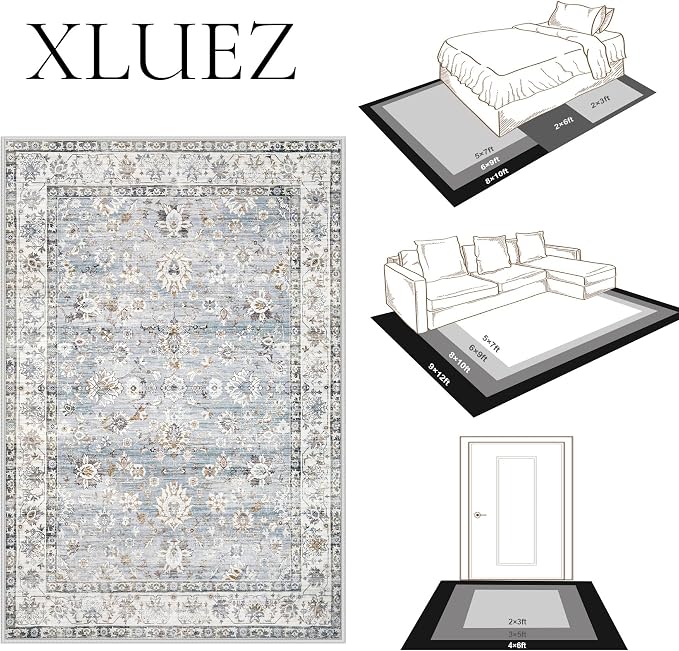 XLUEZ Area Rug 5x7 Living Room Rug, Machine Washable Vintage Distressed Boho Area Rug Non-Slip Soft Low Pile Large Indoor Rugs for Bedroom Kitchen Dining Room Office(Light Blue,5'x7')