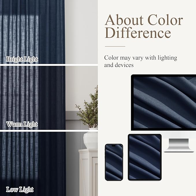 Aersas Navy Linen Curtains 120 Inches Long for Bedroom 2 Panels Back Tab Pocket Drapes Light Filtering Semi Sheer Privacy Dark Blue Curtains for Living Room 52x120