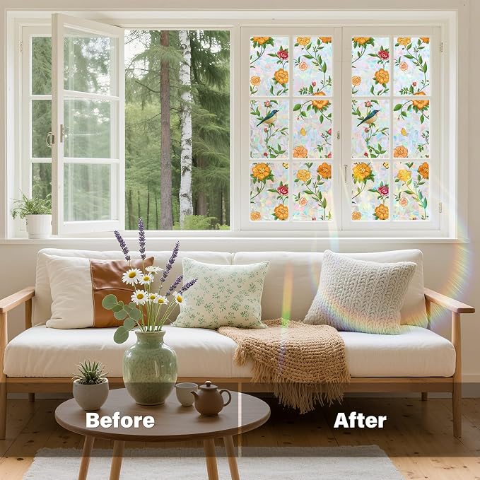 Donox Stained Glass Window Film, Floral Pattern Rainbow Light Decorative Cling, UV Block Privacy Film, Static Cling Removable No Glue for Living Room Home Office, 23.6 x 157.4 Inches