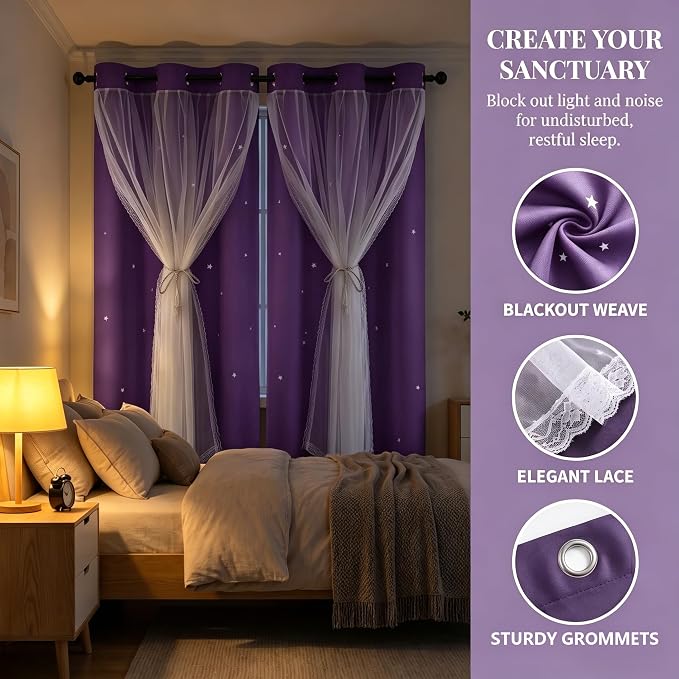 Kids Blackout Curtains for Bedroom/Living Room/Classroom, Sheer Overlay 2 Free Tiebacks, Double Layer Curtains with Star Cutout for Kids Room(Each Piece W 70 x L 95 Inches 2 Pcs Purple)