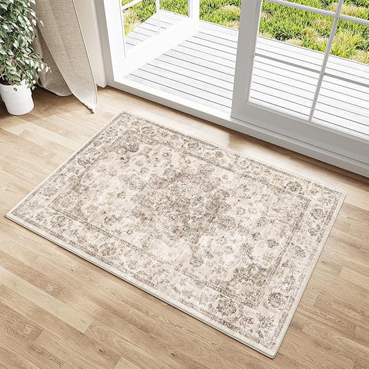 2x3 Washable Neutral Area Rug Brown Vintage Entryway Kitchen Carpet Non-Slip Soft Low Pile Farmhouse Indoor Small Throw Rug for Bedroom Bathroom Entrance