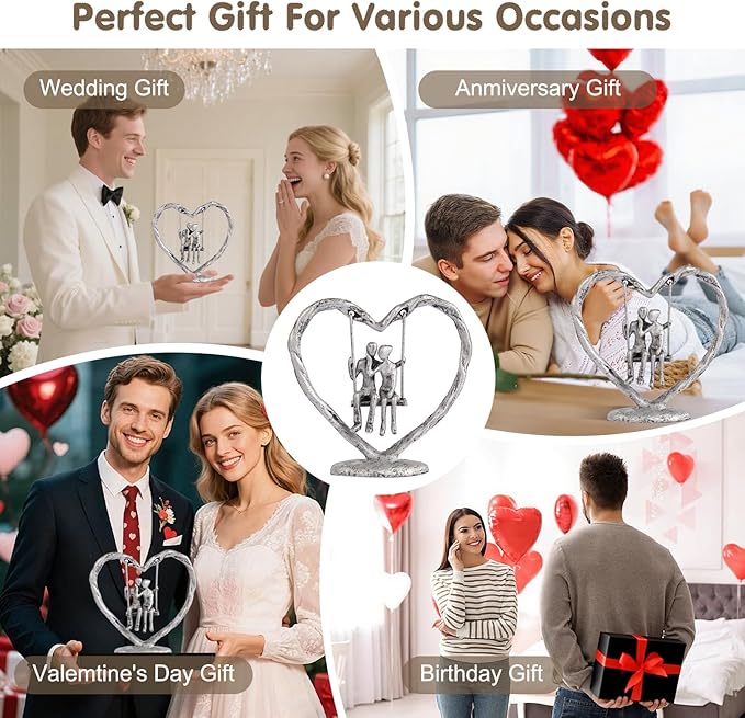 25th/Silver Anniversary Wedding Gifts for Wife/Her/Him,Valentine's Day/Birthday/Wedding Gifts for Couples,Heart Sculpture/Figurine,Handcrafted Antique Silver Metal Couple Statue Decor