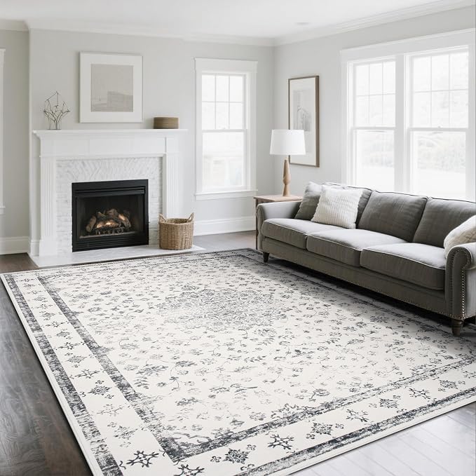 Srugn Washable Rugs 8x10 Area Rugs for Living Room,Rugs for Bedroom,Large Carpets,Ultra Soft Faux Wool Retro Dining Room Rug,Non Slip&Non-Shedding Low Pile Vintage Print Rug for Home Office-Grey