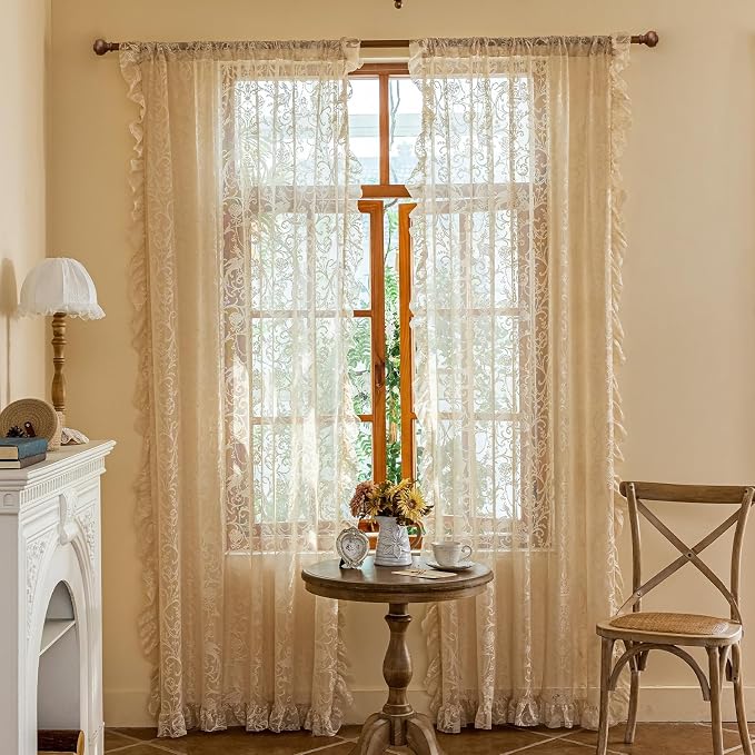 TUDECO Light Beige Curtains 90 Inches Long - Rustic Embroidered Sheer Lace Curtains for Living Room 2 Panels, Rod Pocket Light Filtering Ruffle Edges Decorative Vintage Bedroom Decor, 59W x 90L Inch