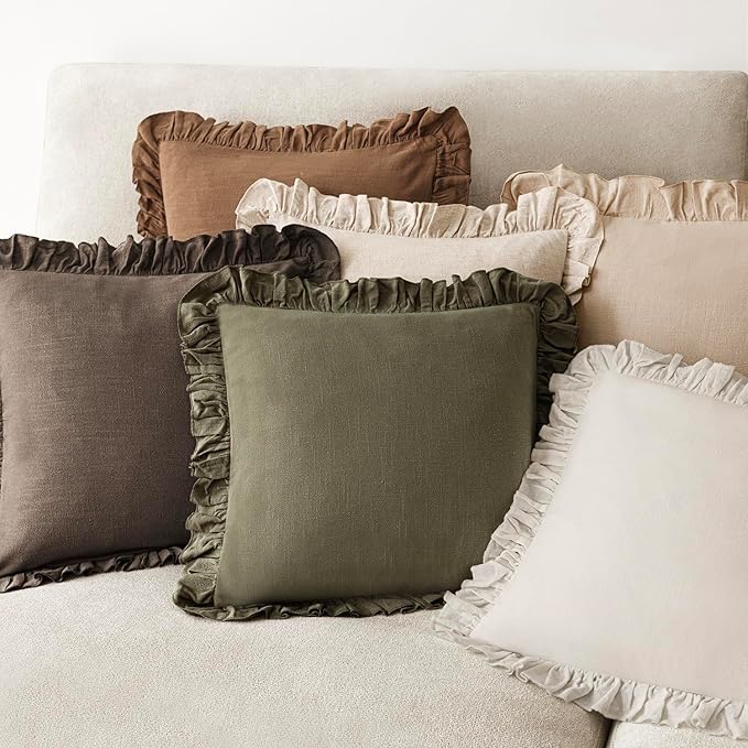 Foindtower Set of 2 Decorative Soild Fringe Ruffle Throw Pillow Covers Soft Boho Farmhouse Cushion Cover Cozy Accent Retro Pillowcase for Couch Sofa Bed Living Room Home Decor,18×18 Inch,Dark Brown