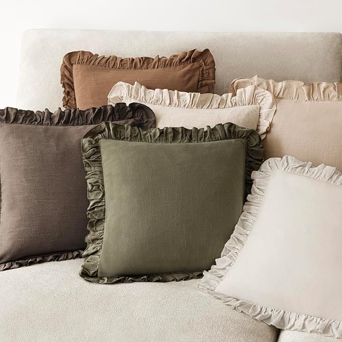 Foindtower Set of 2 Decorative Soild Fringe Ruffle Throw Pillow Covers Soft Boho Farmhouse Cushion Cover Cozy Accent Retro Pillowcase for Couch Sofa Bed Living Room Home Decor,20×20 Inch,Dark Brown