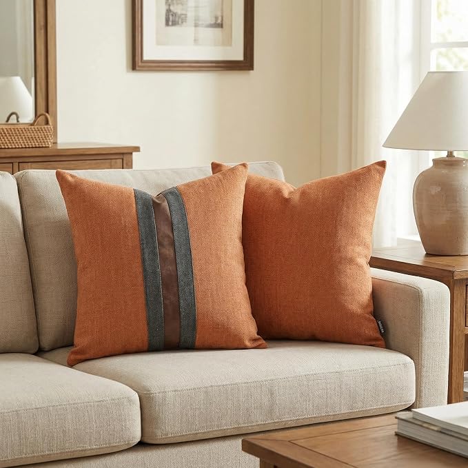 Set of 2 Leather Throw Pillow Covers Cotton Linen Decor Patchwork Pillow Cover Faux Leather Pillows Cover for Couch Sofa Living Room Bedroom,Orange 16"x16"