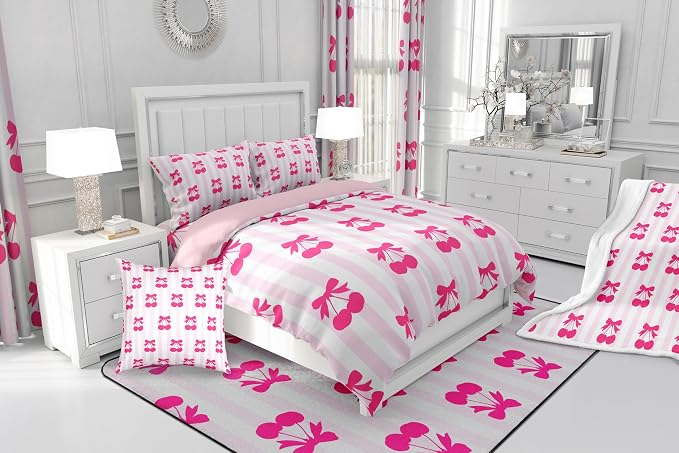 Feelyou Pink Girls Bow Curtains for Bedroom Living Room (2 Panels, 52 x 63 Inch) Kawaii Cherry Prints Darkening Dreapes Boys Teens Decor Stripes Blackout Curtains Cute Bowknot Window Treatments