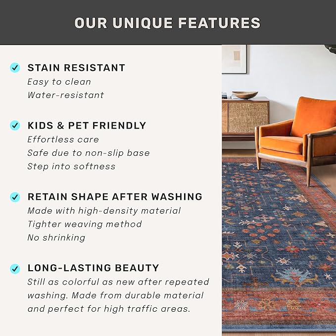Hazo Haus Navy Blue Area Rug 5x7 Living Room Rug - Machine Washable Rugs for Bedroom, Dining Room, Kitchen Floor, Small Office, Low Pile Non-Slip Rubber Backing & Stain Resistance