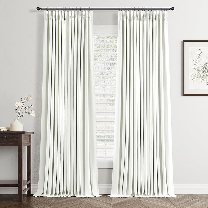 Ivory Pinch Pleated Linen Blackout Curtains 96 Inches Long for Bedroom Living Room 2 Panels Set, Darkening Thermal Insulated Double Layer Boho Neutral Pinch Pleat Hooks Rings Track System Curtain