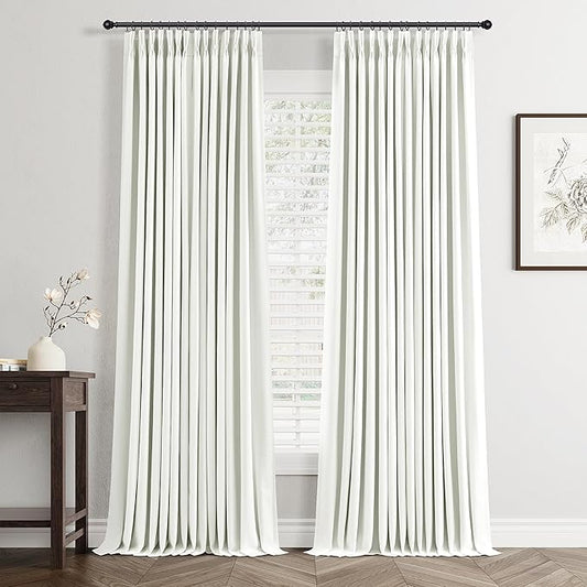 Ivory Pinch Pleated Linen Blackout Curtains 96 Inches Long for Bedroom Living Room 2 Panels Set, Darkening Thermal Insulated Double Layer Boho Neutral Pinch Pleat Hooks Rings Track System Curtain