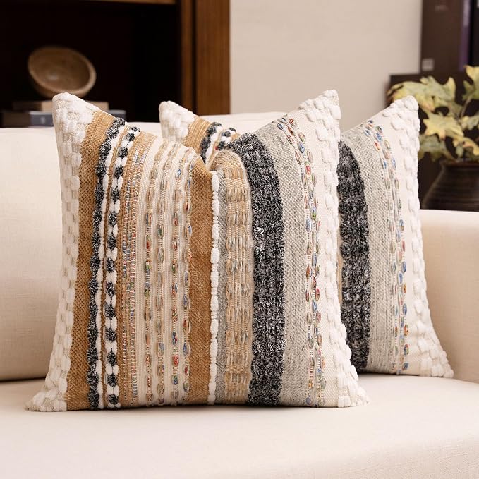 Boho Chenille Tufted Throw Pillow Covers 18x18 Inch Set of 2 Farmhouse Brown Woven Striped Decorative Pillowcases for Couch Sofa Bed