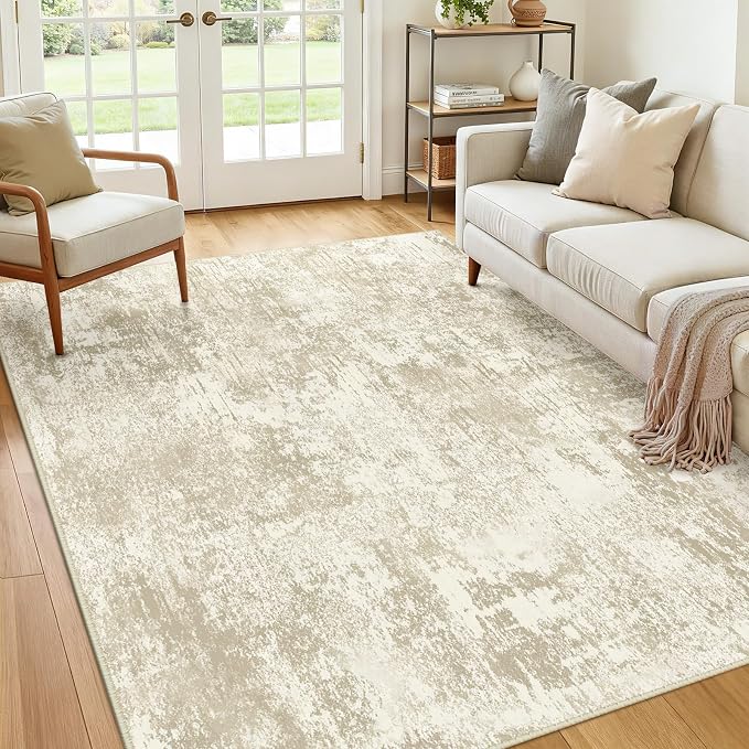 RELEANY Washable Area Rugs 5'x7' Non-Slip Modern Abstract Soft for Living Room Entryway Bedroom Kitchen, Print Pattern, Beige Cream Brown