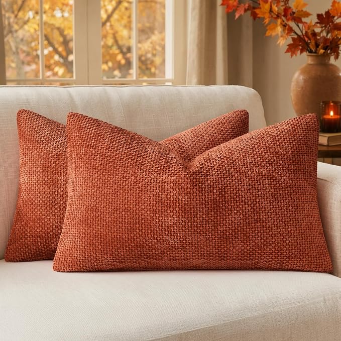 MIULEE Pack of 2 Fall Burnt Orange Decorative Pillow Covers 20x12 Inch Soft Chenille Couch Throw Pillows Farmhouse Cushion Covers for Home Decor Sofa Bedroom Living Room