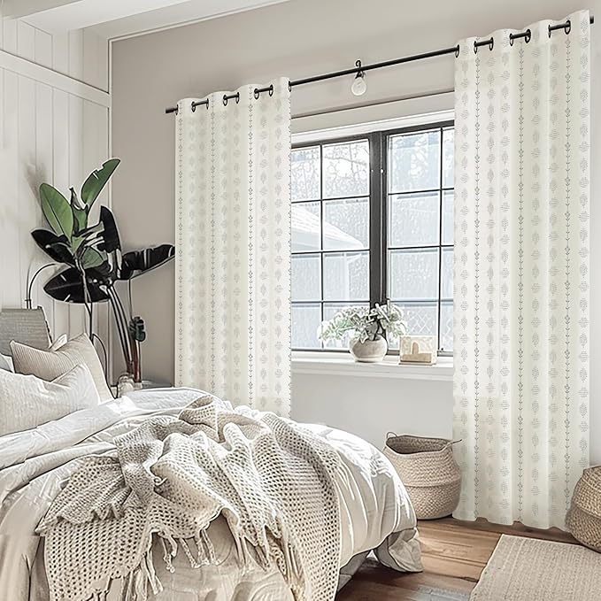 Grey Striped Linen Farmhouse Curtains for Living Room, Light Gray Linen Sheer Boho Floral Pattern Curtains for Bedroom, 52 Inch Wide x 84 Inches Long